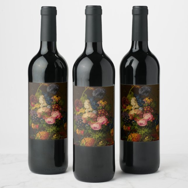 Étiquette Pour Bouteilles De Vin Fleurs et ananas sur un entablement (Bouteilles)