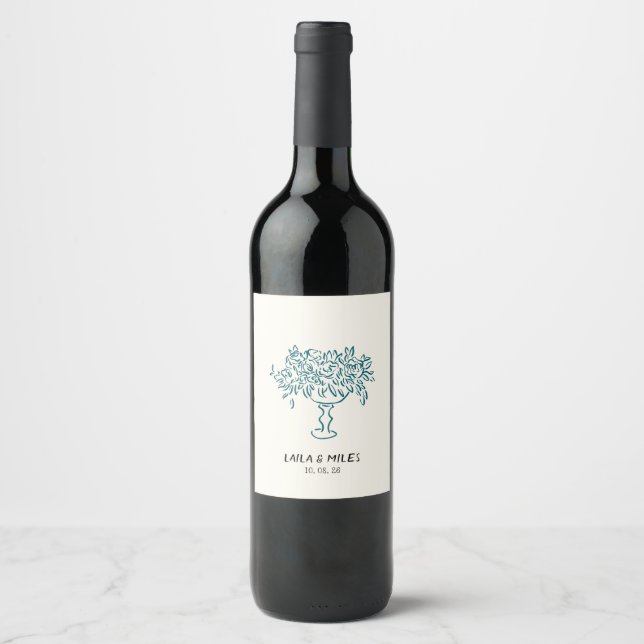 Étiquette Pour Bouteilles De Vin Fleurs fantaisistes mariage dessinées à la main (Devant)