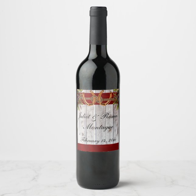 Étiquette Pour Bouteilles De Vin Fleurs & Fers à Cheval, Ruban Rouge (Devant)