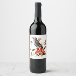 Étiquette Pour Bouteilles De Vin Fleurs, fruits d'oiseaux et de grenades.