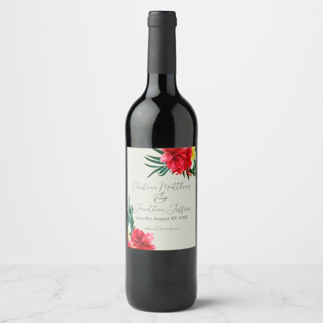 Étiquette Pour Bouteilles De Vin Fleurs Hawaïennes Tropicales sur un Mariage Élégan (Devant)