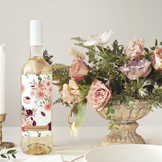 Étiquette Pour Bouteilles De Vin Fleurs Pastel Modernes & Cadeau Personnalisé Kraft (Créateur téléchargé)