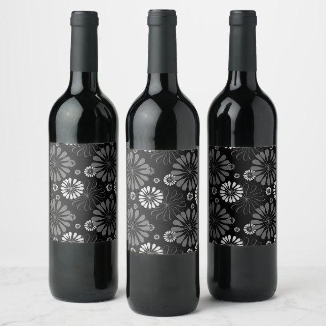 Étiquette Pour Bouteilles De Vin Fleurs Rétro Noir et Blanc (Bouteilles)