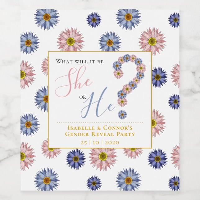 Étiquette Pour Bouteilles De Vin Fleurs rose et bleu élégantes Fête de la Révélatio (Étiquettes simples)