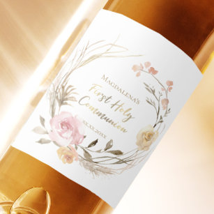 Étiquette Pour Bouteilles De Vin fleurs roses beiges Première communion sainte