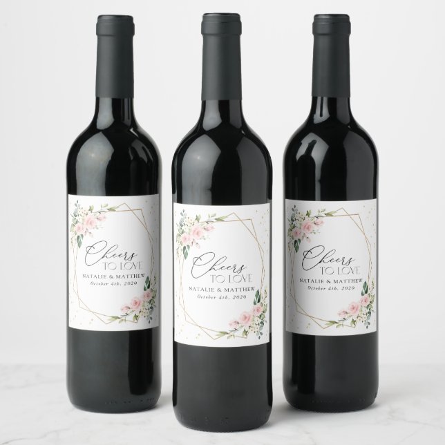 Étiquette Pour Bouteilles De Vin Fleurs roses, Fleurs blanches, Verdure, Mariage (Bouteilles)