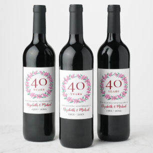 Étiquette Pour Bouteilles De Vin Fleurs roses florales rubis 40e Anniversaire couro