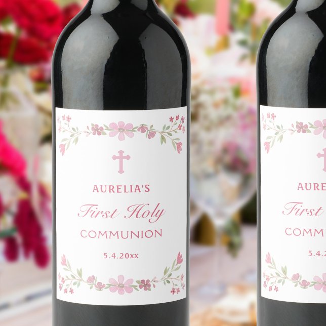 Étiquette Pour Bouteilles De Vin Fleurs roses Première Communion sainte (Créateur téléchargé)