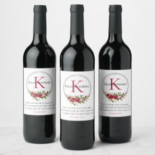 Étiquette Pour Bouteilles De Vin Fleurs rouges d'hiver Monogramme personnalisé sur