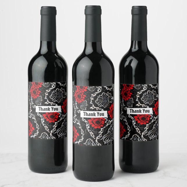 Étiquette Pour Bouteilles De Vin Fleurs rouges et dentelle noire Motif sans couture (Bouteilles)