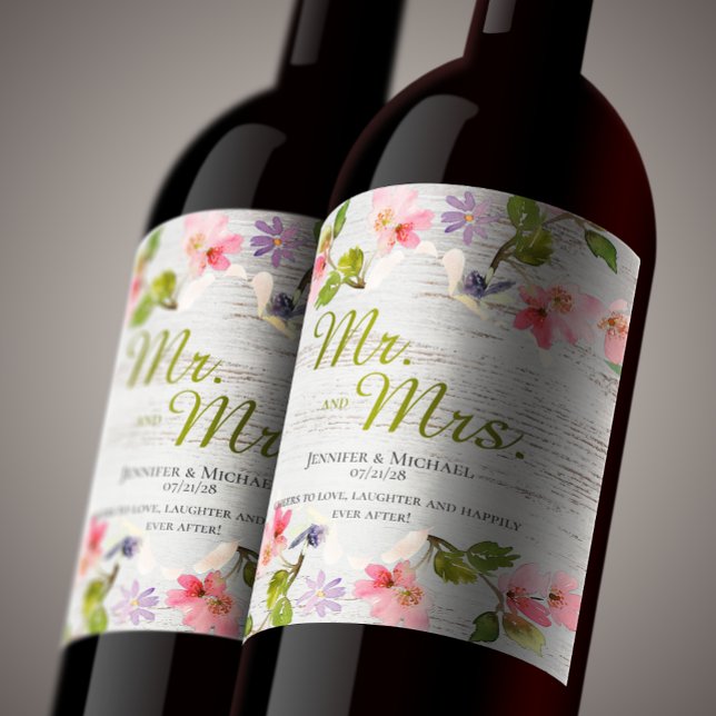 Étiquette Pour Bouteilles De Vin Fleurs rustiques sur bois blanc (Créateur téléchargé)