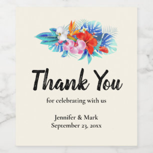 Étiquette Pour Bouteilles De Vin Fleurs tropicales exotiques en Mariage rose et aqu