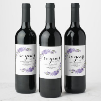 Étiquette Pour Bouteilles De Vin Fleurs violettes de lavande 50e anniversaire maria
