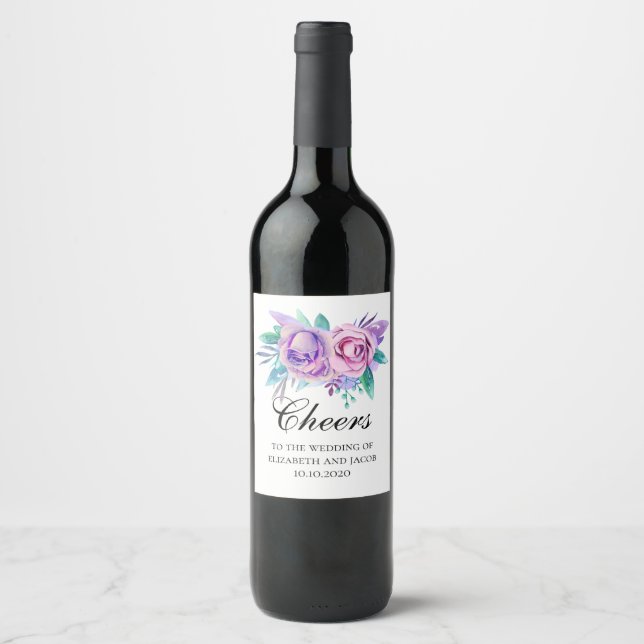 Étiquette Pour Bouteilles De Vin Fleurs violettes et roses. Floral Cheers mariage (Devant)