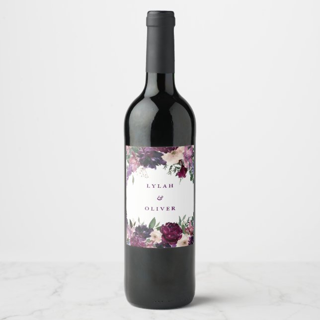 Étiquette Pour Bouteilles De Vin Fleurs violettes luxuriantes | Mariage romantique (Devant)