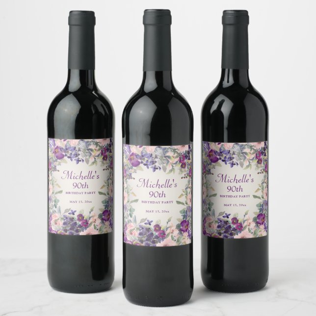 Étiquette Pour Bouteilles De Vin Fleurs violettes rose poudré pour 90e anniversaire (Bouteilles)