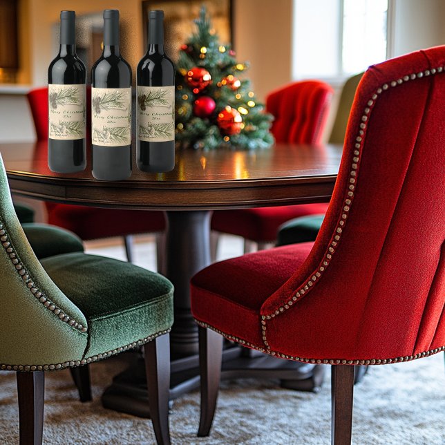 Étiquette Pour Bouteilles De Vin Flocons de Noël Cônes de pin Branches de pin (Créateur téléchargé)
