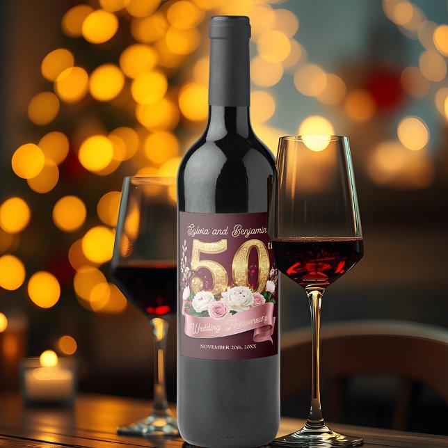 Étiquette Pour Bouteilles De Vin Floral blanc rose Golden 50e anniversaire de Maria (Créateur téléchargé)