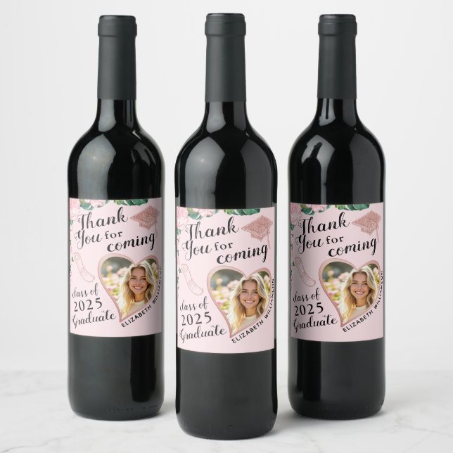 Étiquette Pour Bouteilles De Vin Floral Blush Pink 2025 Graduation Merci (Bouteilles)