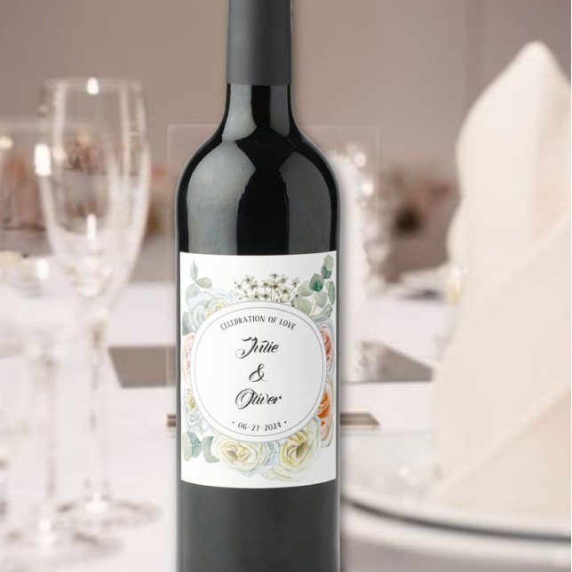 Étiquette Pour Bouteilles De Vin Floral "Célébration de l'amour" avec des noms (Créateur téléchargé)