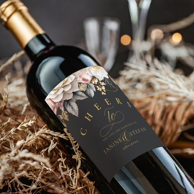 Étiquette Pour Bouteilles De Vin Floral Drama Mariage Charcoal ID1022 (Créateur téléchargé)