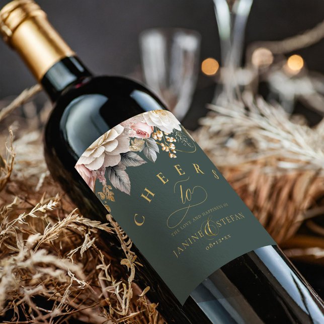 Étiquette Pour Bouteilles De Vin Floral Drama Mariage Green ID1022 (Créateur téléchargé)