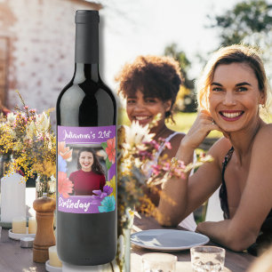 Étiquette Pour Bouteilles De Vin Floral moderne violet heureux 21ème anniversaire P