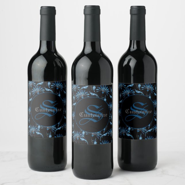 Étiquette Pour Bouteilles De Vin Floral Monogramme Blue Shimmer (Bouteilles)