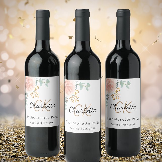 Étiquette Pour Bouteilles De Vin Floral rose or monogramme Bachelorette Party (Créateur téléchargé)