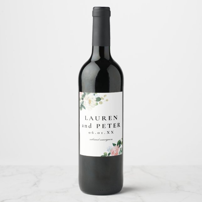 Étiquette Pour Bouteilles De Vin Floral rose pâle Mariage personnalisé (Devant)