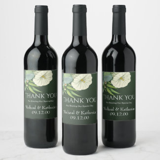 Étiquette Pour Bouteilles De Vin Flore Blanche Personnalisée Et Merci Vert Émeraude