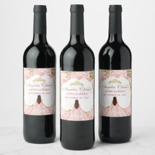 Étiquette Pour Bouteilles De Vin Flore rose pâle Princess Gold Arch Quinceanera