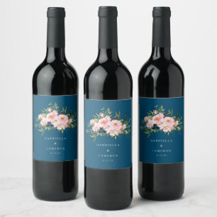 Étiquette Pour Bouteilles De Vin Flores romantiques vintages en Mariage bleu