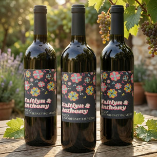 Étiquette Pour Bouteilles De Vin Flower Power 70's Mariage Rétro Groovy