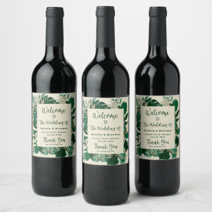 Étiquette Pour Bouteilles De Vin Foliage tropical Mariage vert tendance Bienvenue