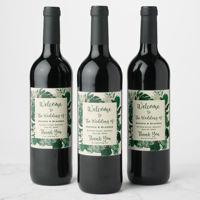 Étiquette Pour Bouteilles De Vin Foliage tropical Mariage vert tendance Bienvenue (Bouteilles)