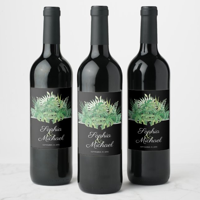 Étiquette Pour Bouteilles De Vin Foliage tropical sur Mariage noir (Bouteilles)