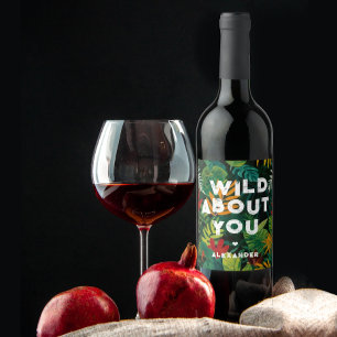 Étiquette Pour Bouteilles De Vin Folle de toi Feuilles de jungle colorées Amour Pei