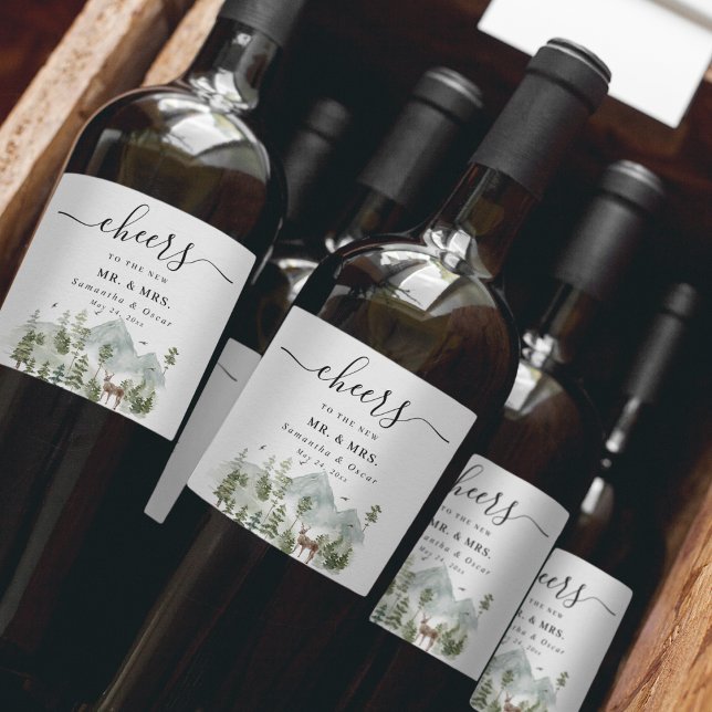 Étiquette Pour Bouteilles De Vin Forêt d'aquarelle | Arbres Et Cerfs | (Créateur téléchargé)