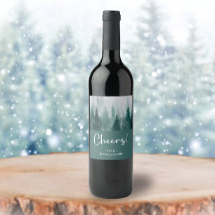 Étiquette Pour Bouteilles De Vin Forêt de pins aquarelle douche de mariée verte 