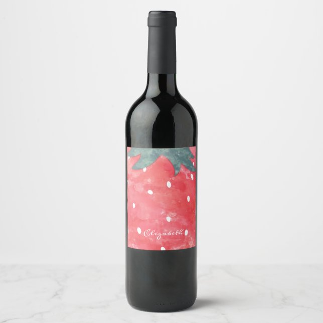Étiquette Pour Bouteilles De Vin Fraise à l'aquarelle mignonne (Devant)