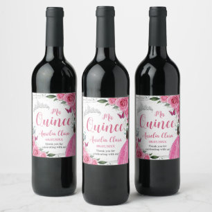 Étiquette Pour Bouteilles De Vin Fuchsia Rose Floral Princesse Silver Quinceañera 1