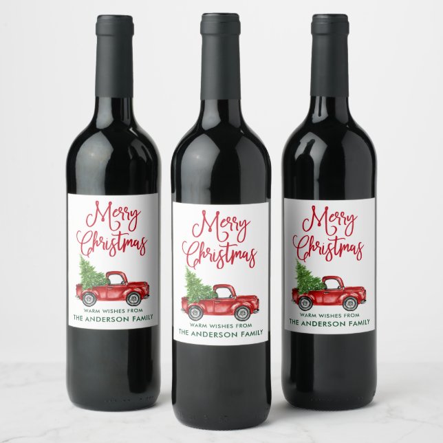 Étiquette Pour Bouteilles De Vin Fun Calligraphie Noël Vintage Camion rouge (Bouteilles)