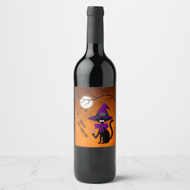 Étiquette Pour Bouteilles De Vin Fun Chat Noir Boire Vin Sorcière Casquette Hallowe (Devant)