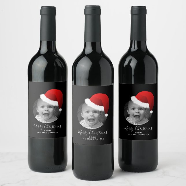 Étiquette Pour Bouteilles De Vin Funky Christmas Custom Photo Santa Hat Nom de fami (Bouteilles)