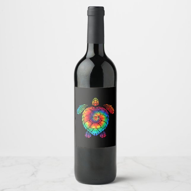 Étiquette Pour Bouteilles De Vin Funny Sea Turtle Ocean Tie Dye Rainbow Hippie (Devant)