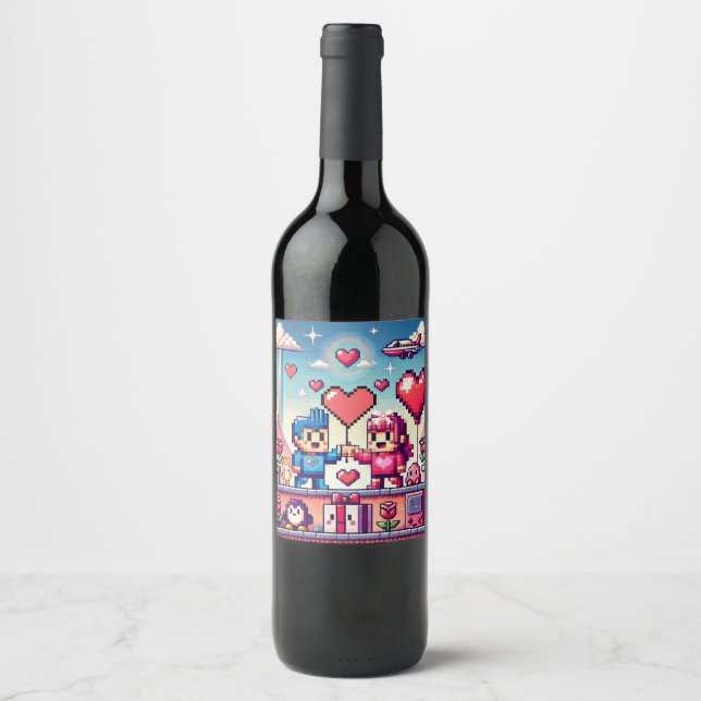 Étiquette Pour Bouteilles De Vin Gamer 8 bits Saint-Valentin  (Devant)