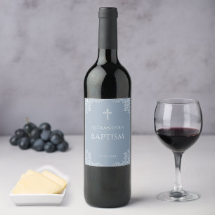 Étiquette Pour Bouteilles De Vin Garçon Baptême Bleu Poussiéreux Fausse Croix Argen
