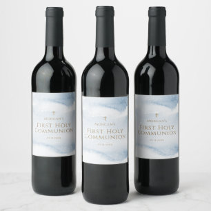 Étiquette Pour Bouteilles De Vin Garçon Première Communion Aquarelle Bleue