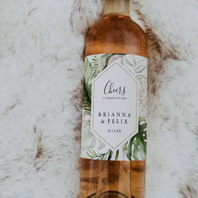Étiquette Pour Bouteilles De Vin Géométrique Gold Tropical Greenerife Mariage (Créateur téléchargé)